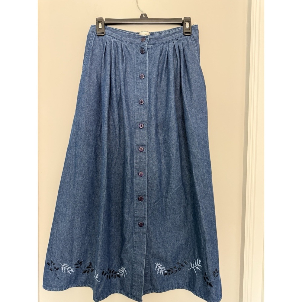 Denim Embroidered Maxi Skirt Sz 10 Vintage Modest Boho Button Down Western